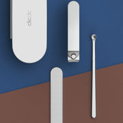 HOTO Clicclic Three-Piece Nail Clipper Set of nail care tools including a cuticle nipper, pusher, and file on a blue and brown background.