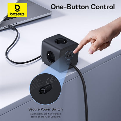 Power strip with one-button control feature, hand pressing button, baseus logo.