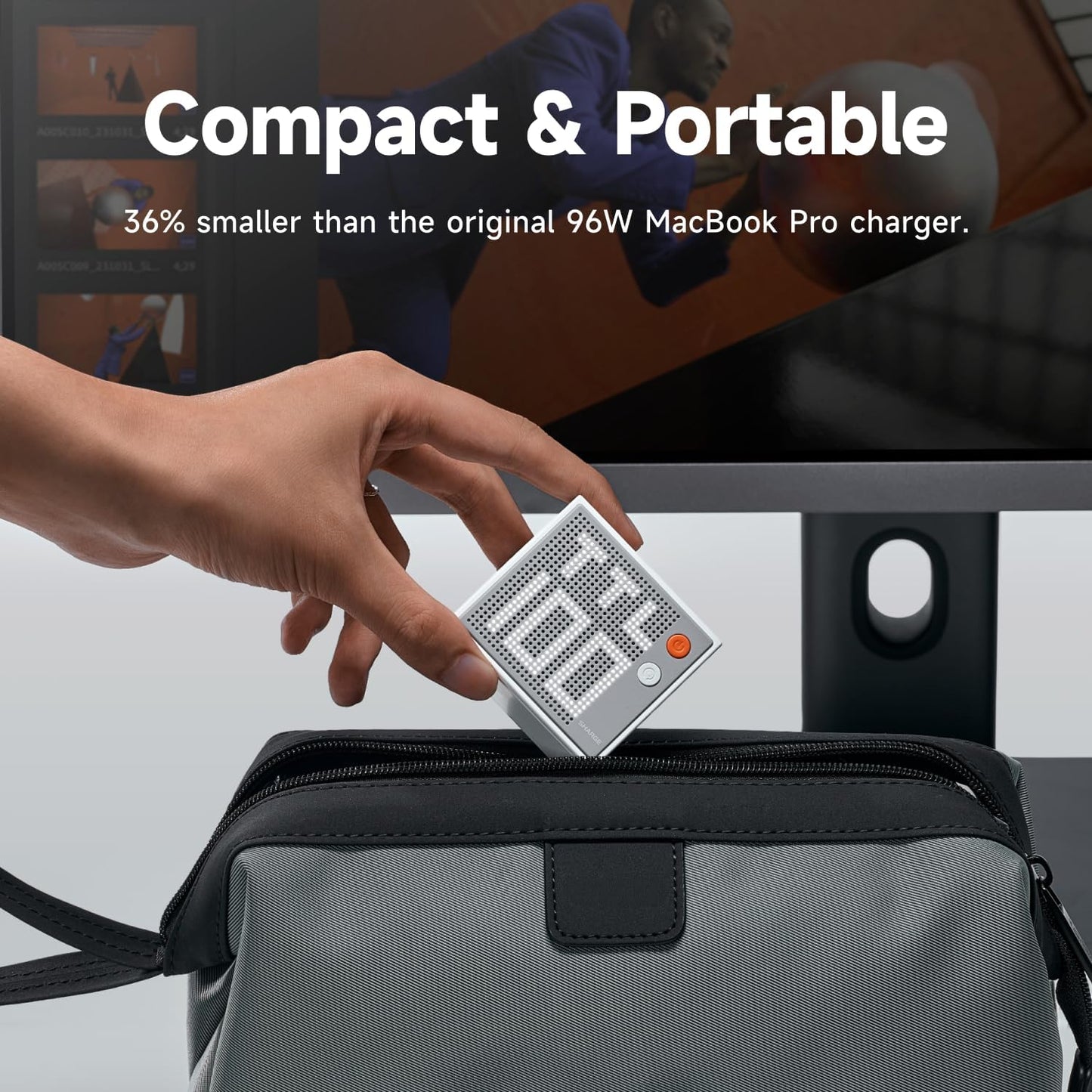 Sharge Pixel 100W GaN Charger (3×USB‑C, USB‑A, Dot‑Matrix Display) Compact and portable charger being placed into a bag with text highlighting its size comparison to a MacBook Pro charger.