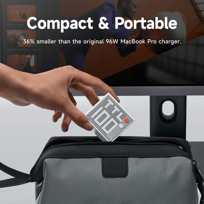Sharge Pixel 100W GaN Charger (3×USB‑C, USB‑A, Dot‑Matrix Display) Compact and portable charger being placed into a bag with text highlighting its size comparison to a MacBook Pro charger.