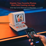 Divoom MiniToo Retro Pixel Bluetooth Speaker (1.77" Screen, 5W, App Control) Vintage-style photo display device with smartphone app control on an orange surface.