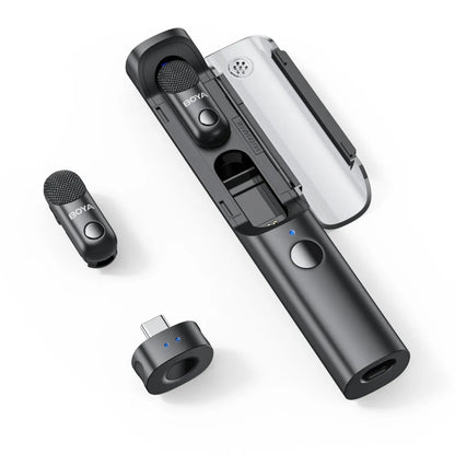 BOYA Magic 4‑in‑1 Wireless Microphone System (AI Noise Cancellation, 48 kHz/24‑bit, 30 h Battery) BOYA BY-M1 microphone set on a white background