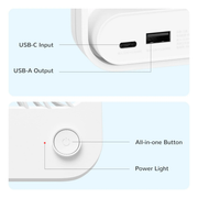 Diagram of a power adapter with labeled USB-C input, USB-A output, all-in-one button, and power light.