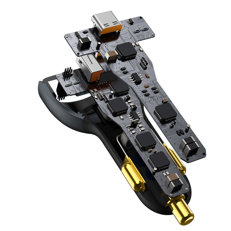 Complex mechanical device with electronic components on a white background