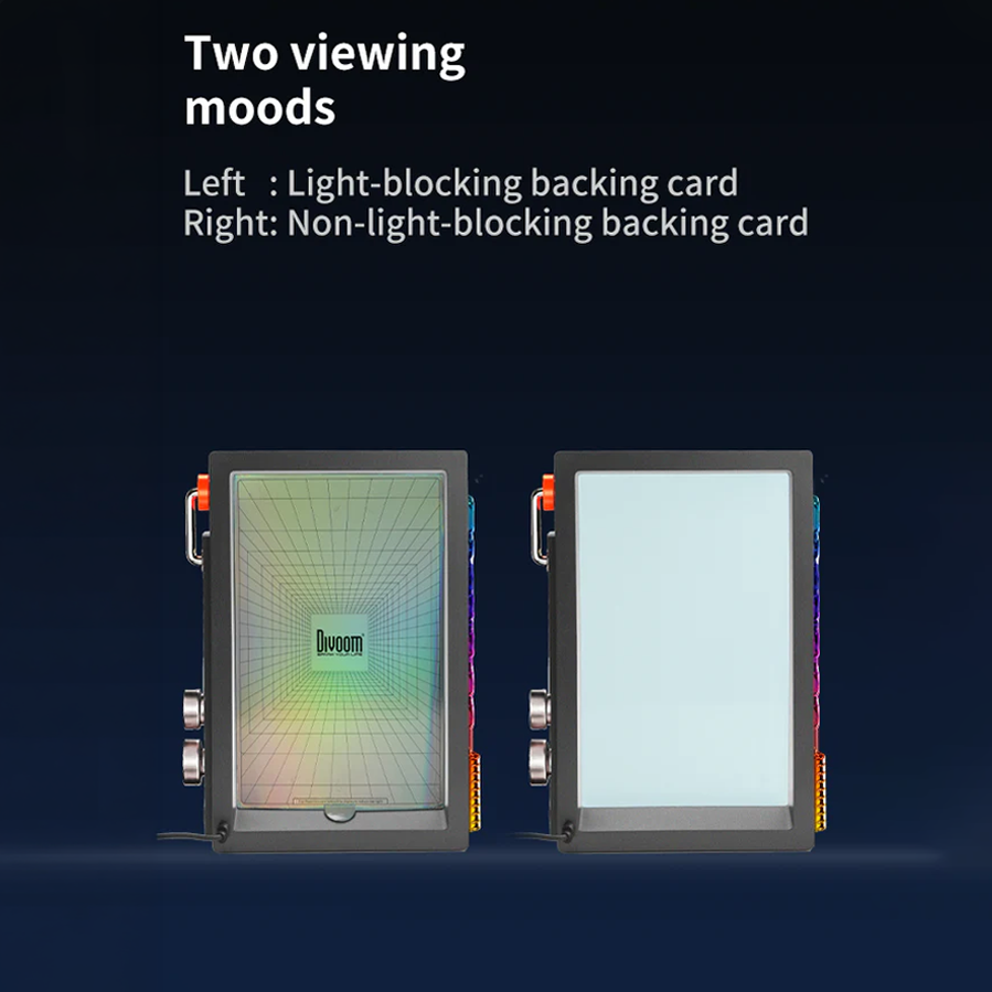 Divoom Times Frame 10.1" Transparent Smart Display (64GB, Wi‑Fi 6, RGB Lighting) wo viewing moods of a device with light-blocking and non-light-blocking backings on a dark background.