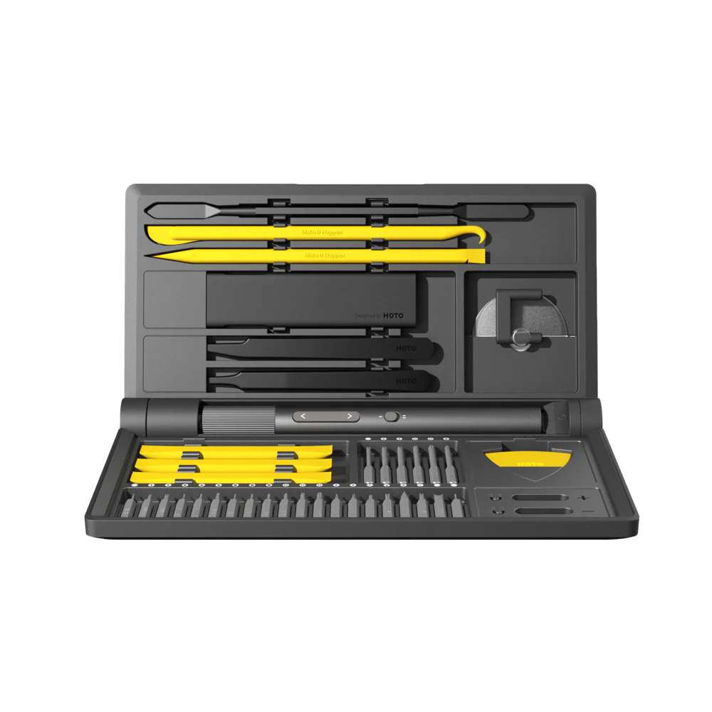 HOTO Precision Screwdriver Kit Pro Set of screwdrivers in a black and yellow tool case on a white background