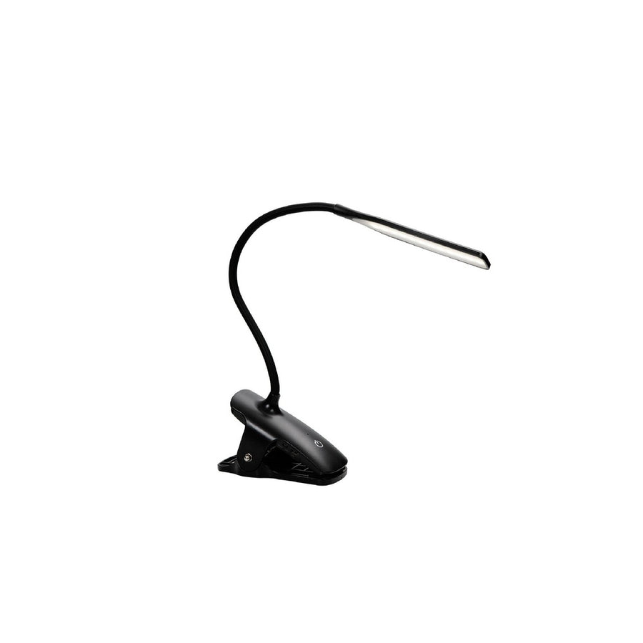Black LED desk lamp with flexible neck on a white background