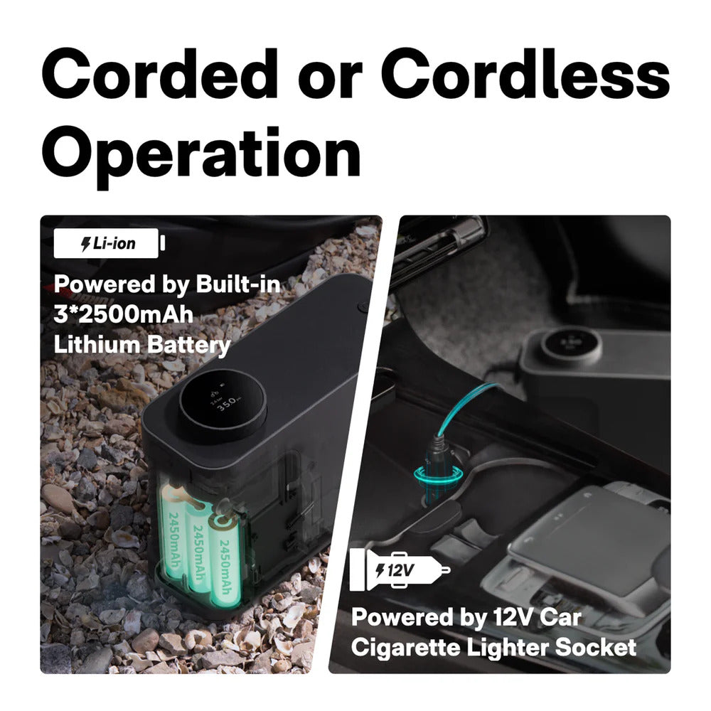 Product with text indicating corded or cordless operation, featuring a built-in lithium battery and 12V car socket options.
