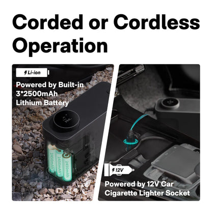 Product with text indicating corded or cordless operation, featuring a built-in lithium battery and 12V car socket options.