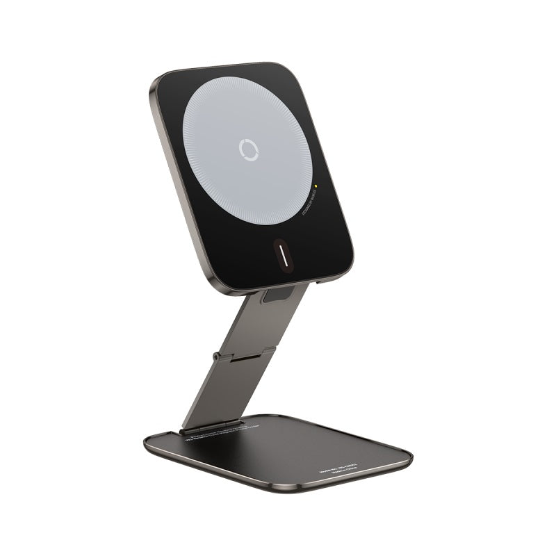 Black smartphone stand with wireless charging pad on a white background