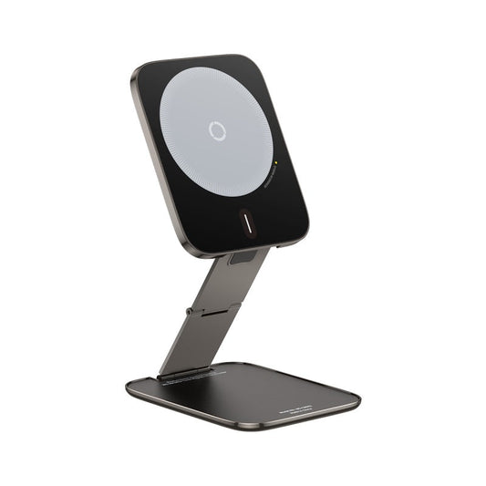 Black smartphone stand with wireless charging pad on a white background