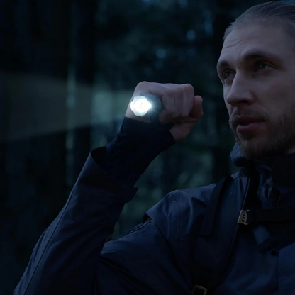 HOTO Flashlight Tactics 2300, Person holding a flashlight in a dark outdoor setting