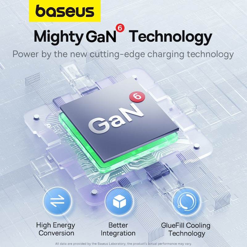 Advertisement for baseus Mighty GaN Technology with a GaN chip and circuitry on a light blue background.