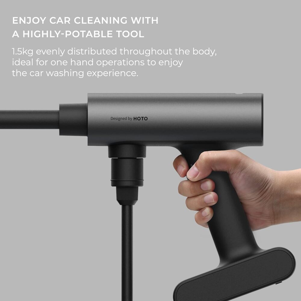 HOTO 20V Pressure Washer Pro, Hand holding a black car cleaning tool with text about its design and features.