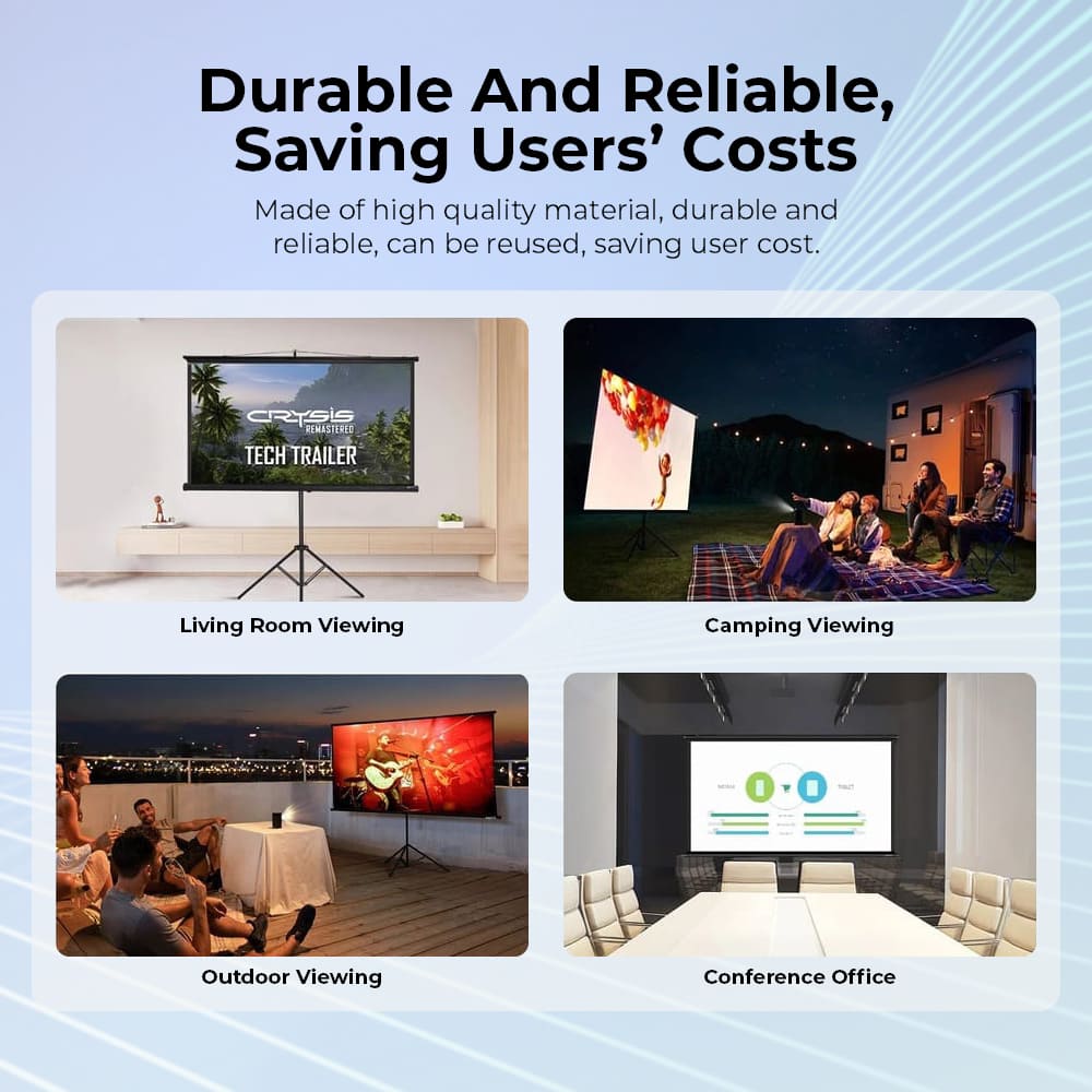 HAVIT PS100 100-Inch 4K Projector Screen Portable Anti-Glare Advertisement showcasing a portable screen for various viewing scenarios with text about durability and cost savings.