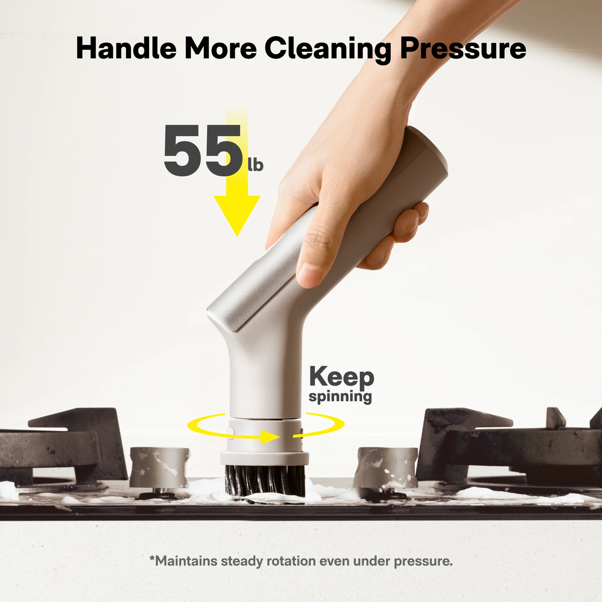 HOTO Electric Kitchen Scrubber 9 Brush Head Set Cleaning tool being used on a stove with text highlighting cleaning pressure and features.