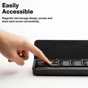 HOTO Electric Precision Screwdriver ADV 25 Bit Set Hand placing a screw into a black magnetic slot storage device with text 'Easily Accessible' above.