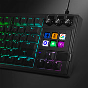 Black keyboard with RGB lighting and shortcut keys on a dark background