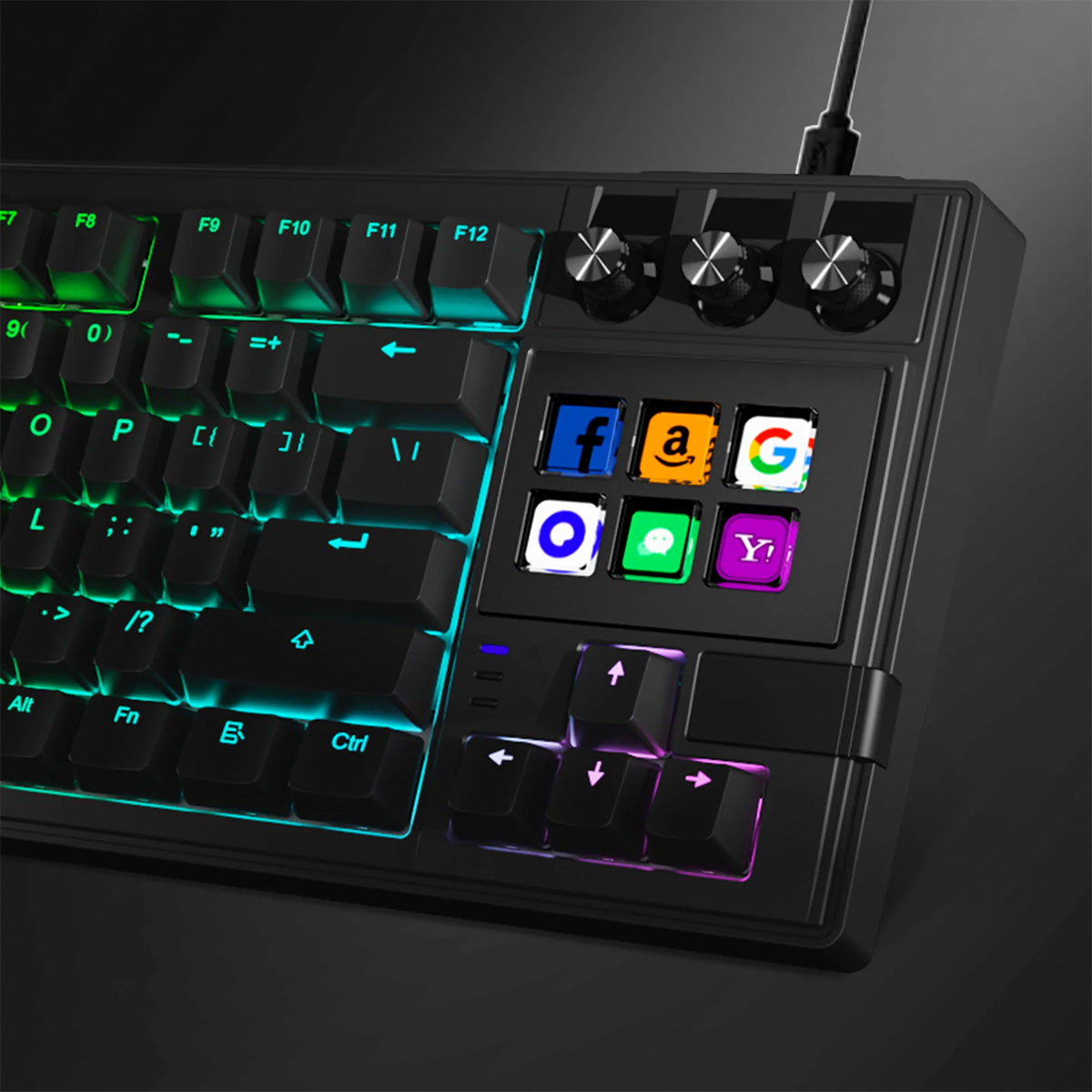 Black keyboard with RGB lighting and shortcut keys on a dark background