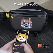 Divoom Pixoo Slingbag‑V Smart LED Sling Bag (4.7" Pixel Screen, App Control) Pixel art creation on a black bag using a smartphone app with Divoom branding.