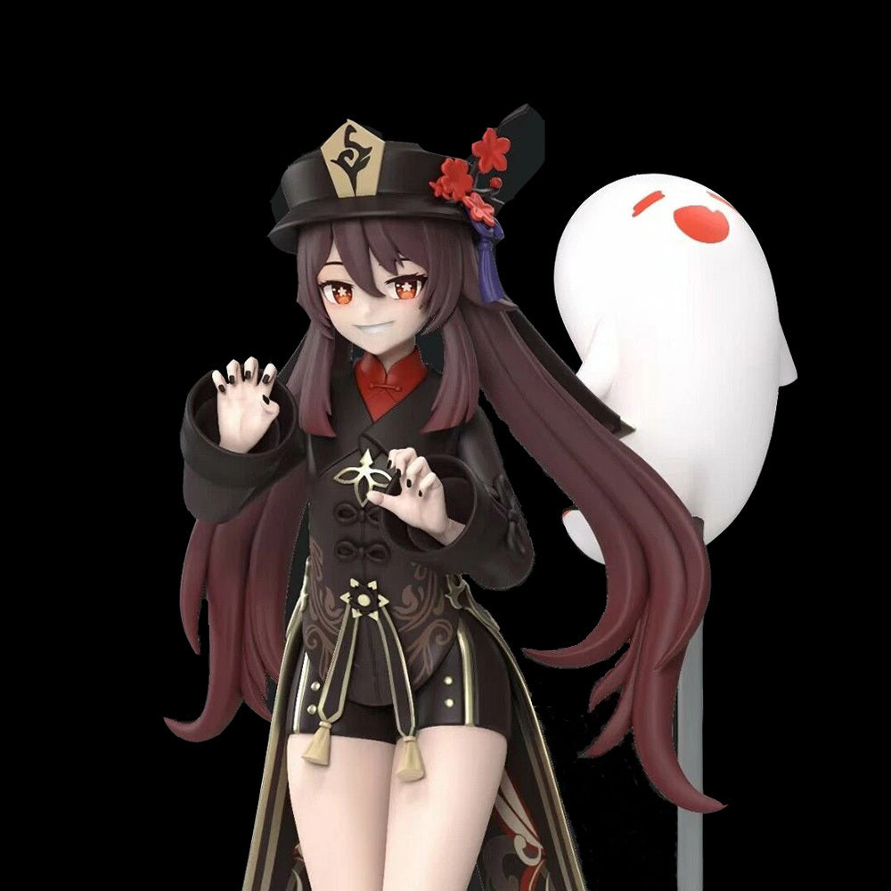 Animated character with long dark hair and traditional outfit, standing next to a white ghost-like figure on a black background.