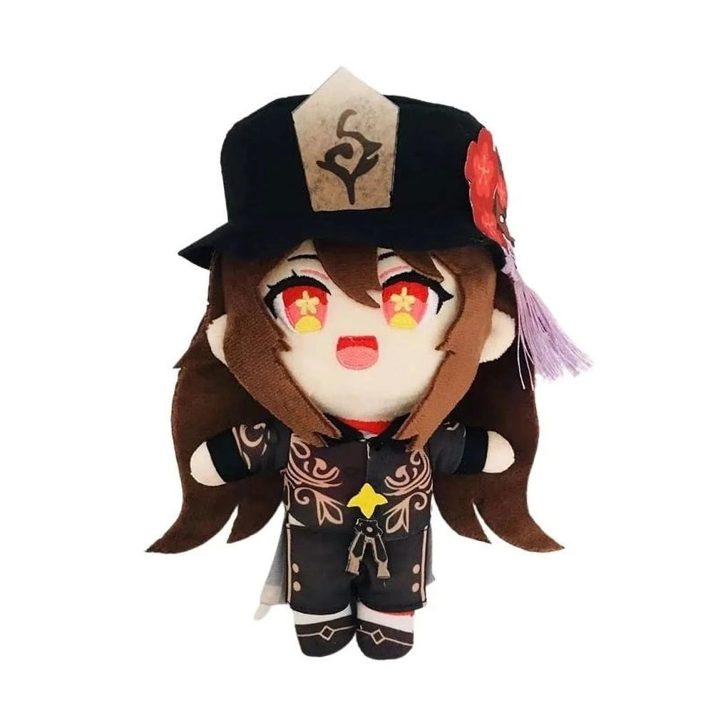 Plush toy of an animated character with red eyes and a black hat on a white background