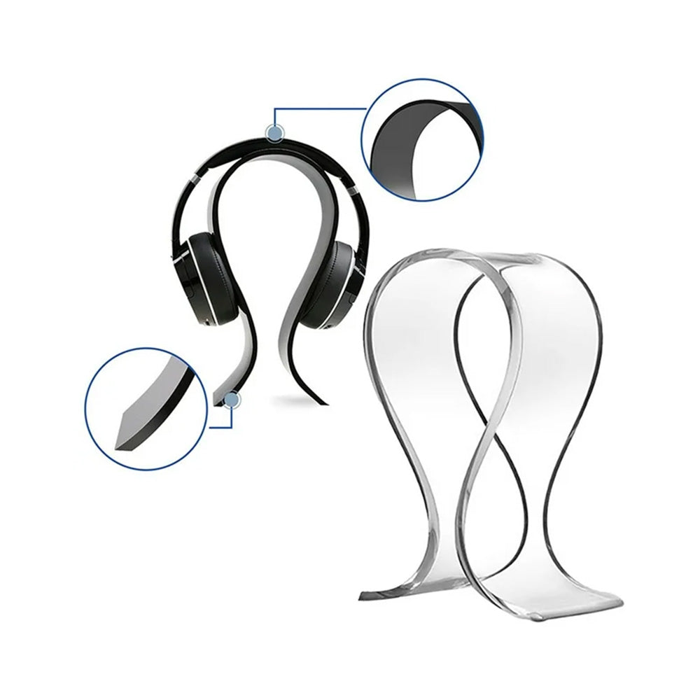 Clear acrylic headphone stand with close-up details on a white background