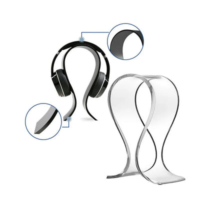 Clear acrylic headphone stand with close-up details on a white background