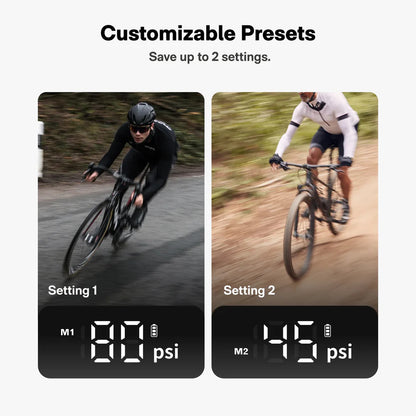 HOTO Air Pump Pocket, Bicycle tire pressure monitor with customizable presets showing two settings on a white background.