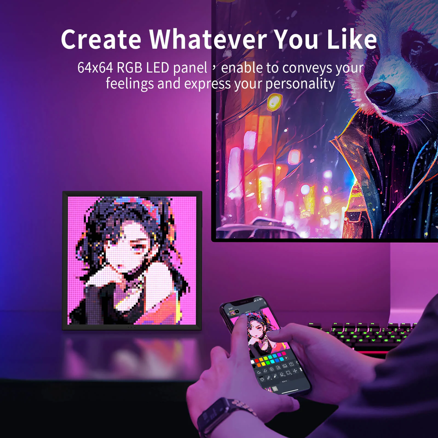 Divoom Pixoo 16×16 RGB Pixel LED Display (Smart App, Desktop & Wall Mount) 64x64 RGB LED panel displaying colorful images with a person using a phone to control it.