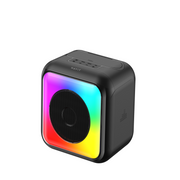 Black portable speaker with colorful LED lighting on a white background