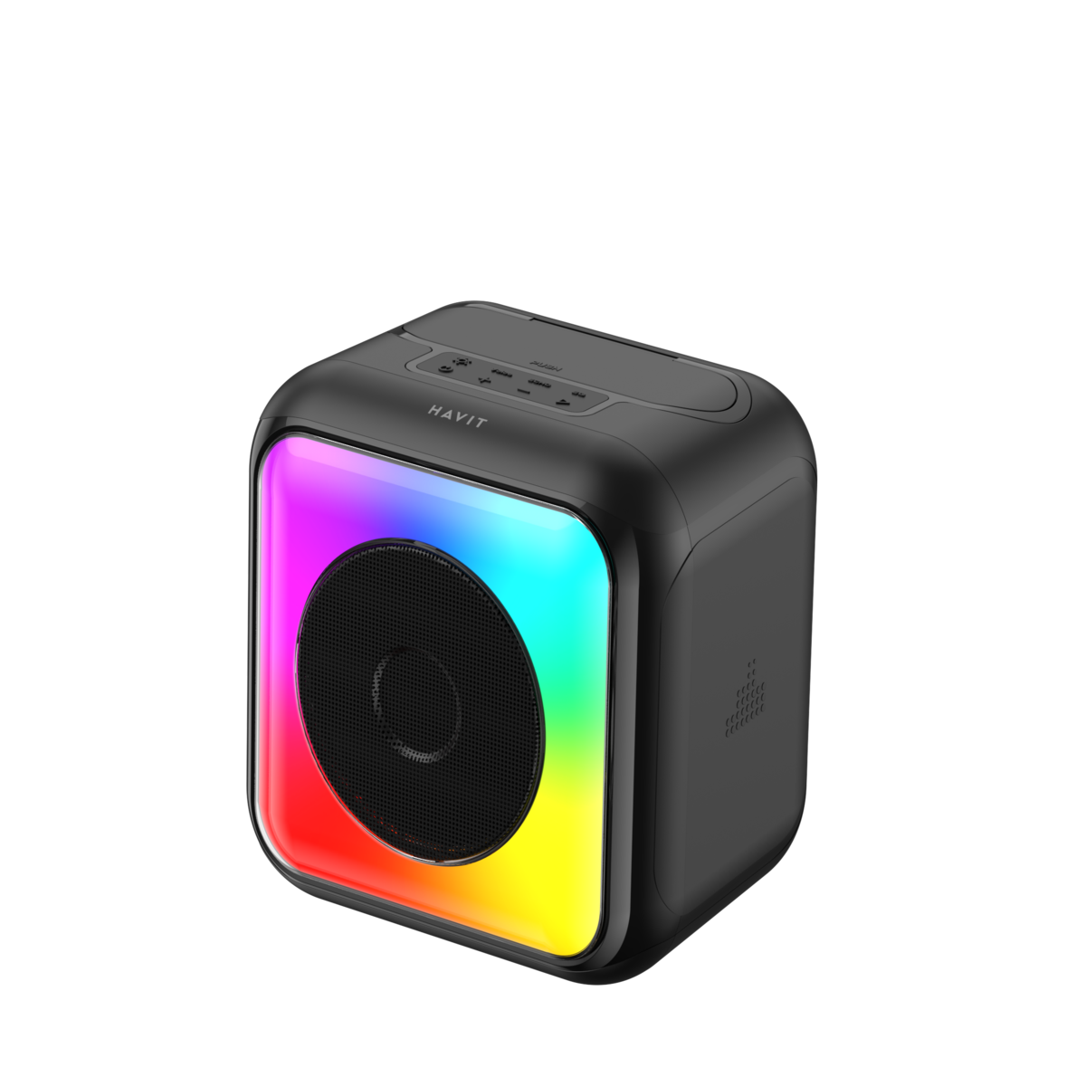 Black portable speaker with colorful LED lighting on a white background