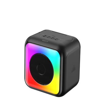 Black portable speaker with colorful LED lighting on a white background