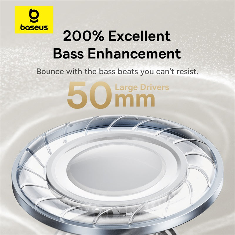 Baseus speaker driver with text highlighting bass enhancement and large drivers on a light gray background.