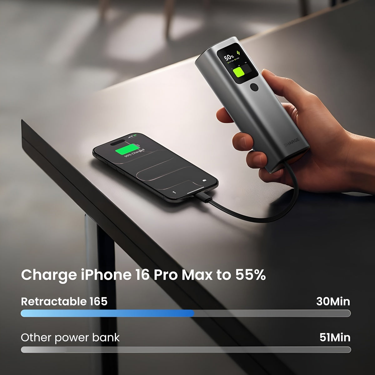 Sharge Retractable 165W Power Bank (20000mAh, Built‑in 100W USB‑C Cable) Hand holding a power bank charging an iPhone 16 Pro Max on a table.