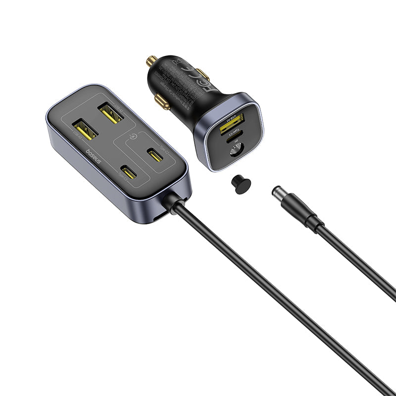 Car charger with multiple ports on a white background