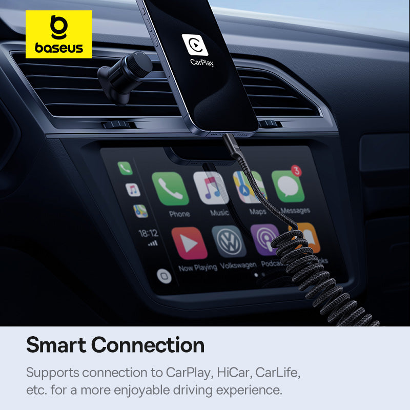 Car dashboard with smartphone connected to a car mount displaying CarPlay interface, Baseus logo visible.