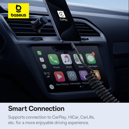 Car dashboard with smartphone connected to a car mount displaying CarPlay interface, Baseus logo visible.