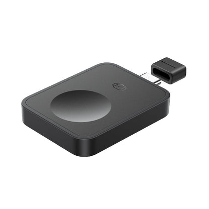 Black wireless charging pad with USB-C connector on a white background