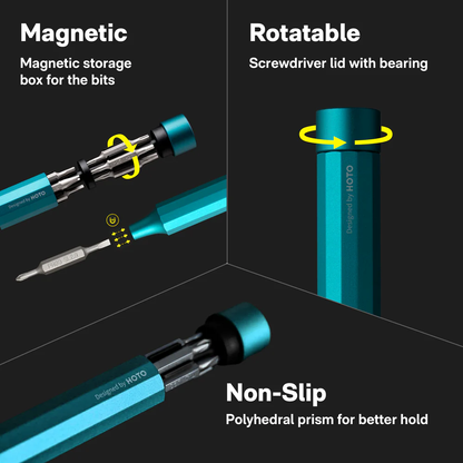 Teal screwdriver set with magnetic storage box, rotatable lid, and non-slip design on a black background.