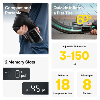HOTO Air Pump Pocket, Digital air pump with features highlighted on a white background