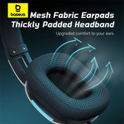 Headphones with mesh fabric earpads and thickly padded headband, featuring Baseus logo.