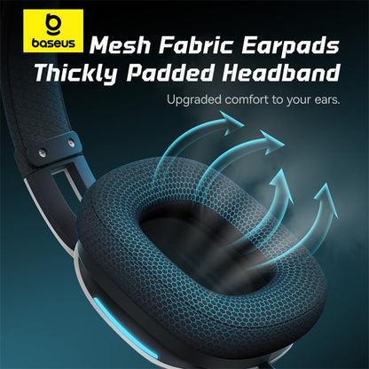 Headphones with mesh fabric earpads and thickly padded headband, featuring Baseus logo.