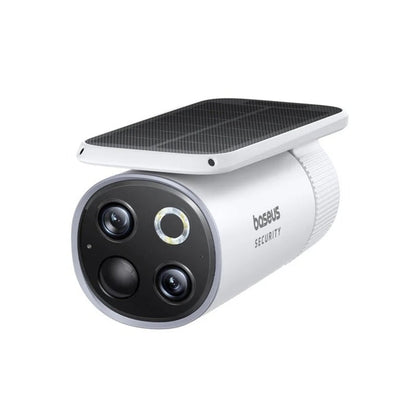Solar-powered security camera with a black and white design on a white background