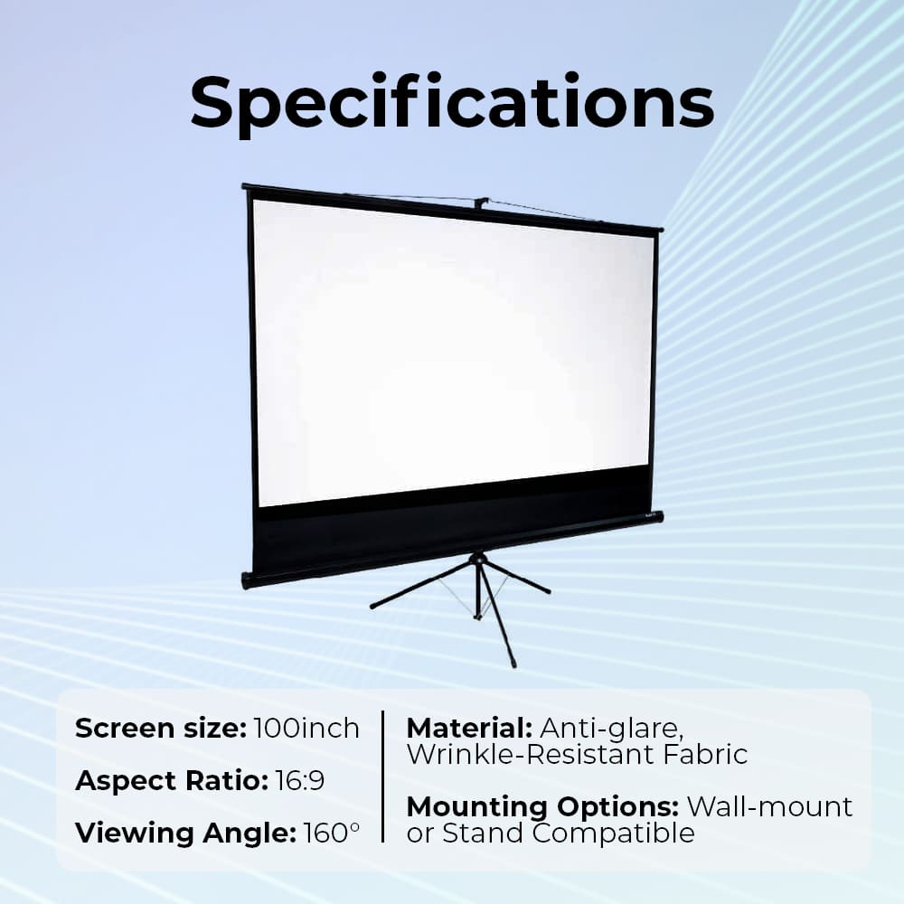 HAVIT PS100 100-Inch 4K Projector Screen Portable Anti-Glare Projector screen with specifications on a light blue background