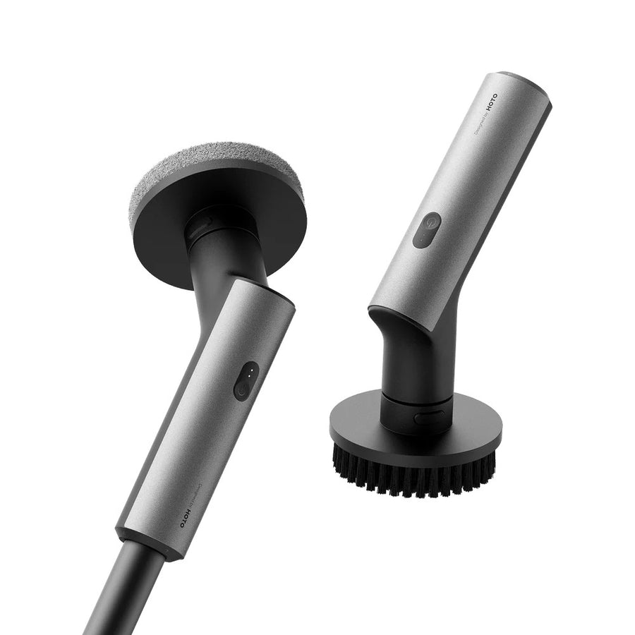 HOTO Cordless Spin Scrubber 6 Brush Head Set Two grey cleaning brushes on a white background
