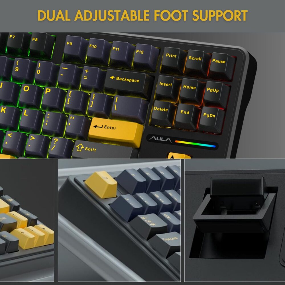 Mechanical keyboard with dual adjustable foot support feature, featuring AULA branding.