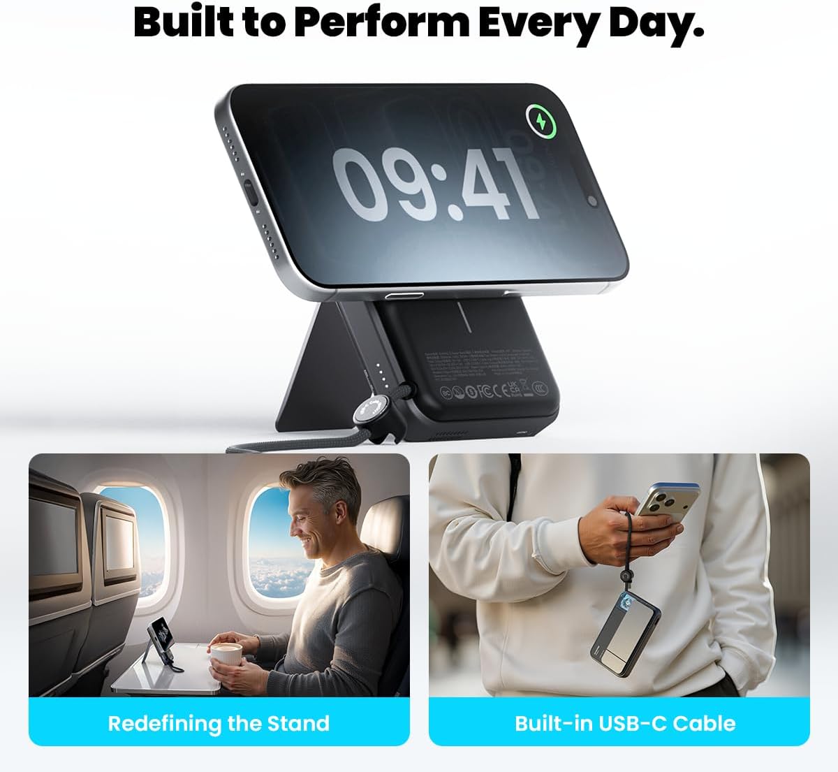 Sharge ICEMAG 3 MagSafe Power Bank (10000mAh, 25W Wireless, 35W USB‑C PD) Smart phone stand with digital clock and built-in USB-C cable, used in travel settings.