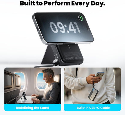 Sharge ICEMAG 3 MagSafe Power Bank (10000mAh, 25W Wireless, 35W USB‑C PD) Smart phone stand with digital clock and built-in USB-C cable, used in travel settings.