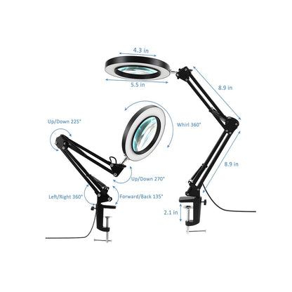 Magnifying glass with adjustable arm on a white background, showing dimensions and movement ranges.